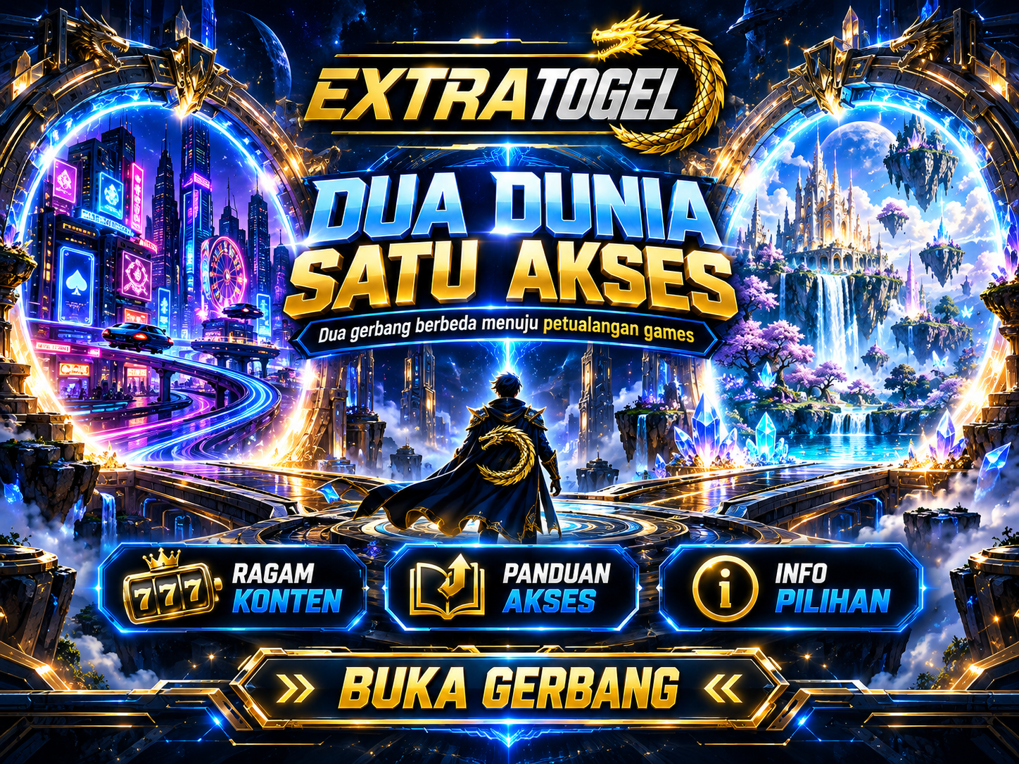 Banner EXTRATOGEL dengan dua portal bercahaya menuju kota neon dan hutan kristal
